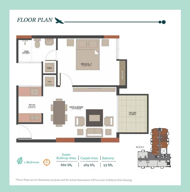 Floor plan of 1 BHK 660 Sq. Ft. Apartment in UKN The Belvedere, Bangalore