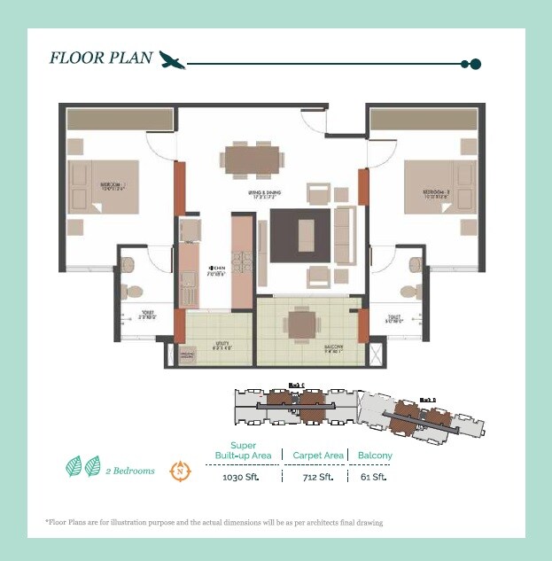 Floor plan of 2 BHK 1030 Sq. Ft. Apartment in UKN The Belvedere, Bangalore