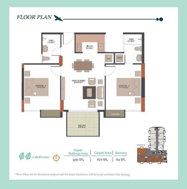 Floor plan of 2 BHK 930 Sq. Ft. Apartment in UKN The Belvedere, Bangalore