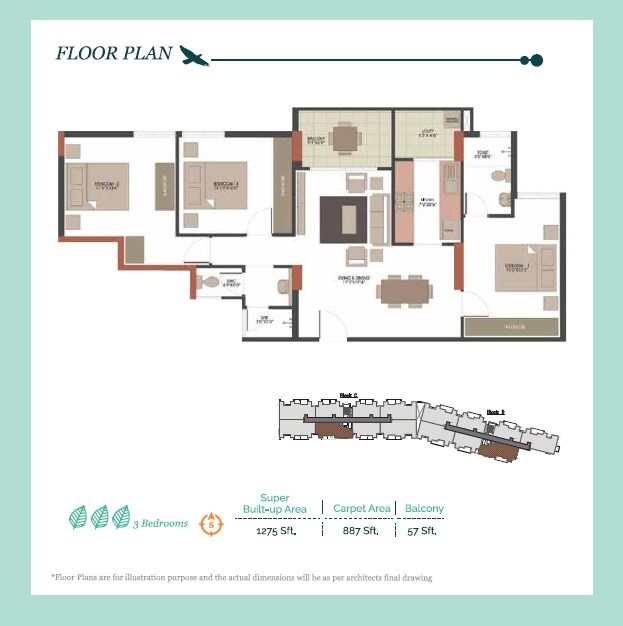 Floor plan of 3 BHK 1275 Sq. Ft. Apartment in UKN The Belvedere, Bangalore