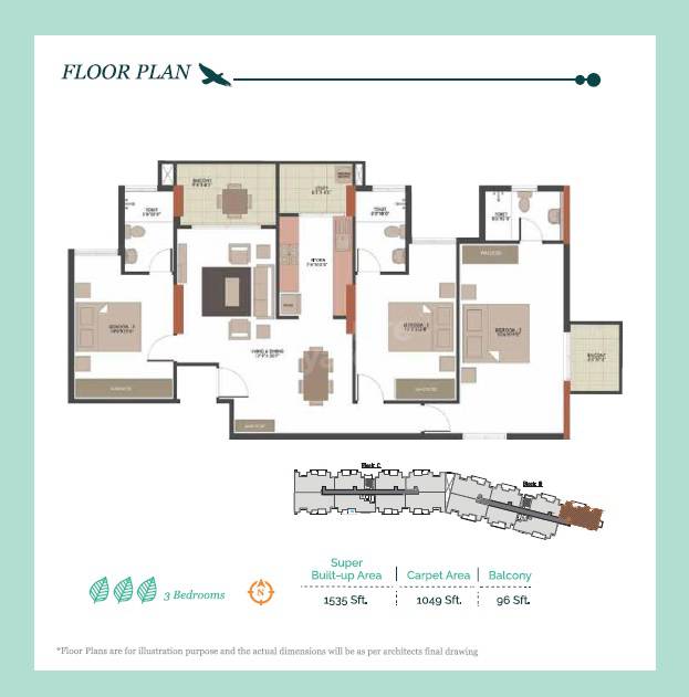 Floor plan of 3 BHK 1535 Sq. Ft. Apartment in UKN The Belvedere, Bangalore