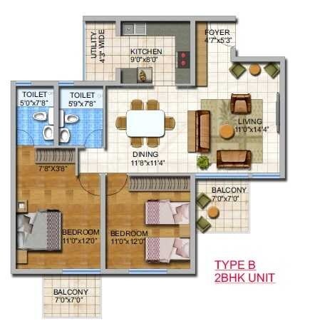 Floor plan of 2 BHK 1255 Sq. Ft. Apartment in Umiya Woods Apartment, Bangalore
