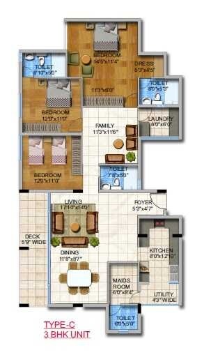 Floor plan of 3 BHK 1730 Sq. Ft. Apartment in Umiya Woods Apartment, Bangalore