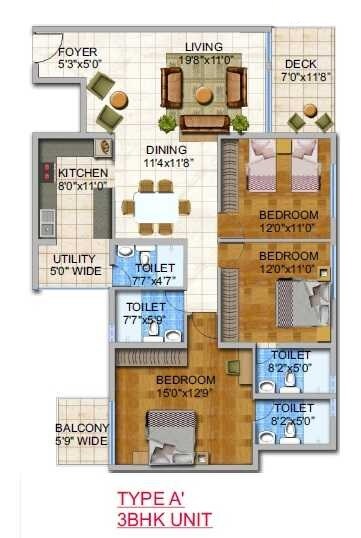 Floor plan of 3 BHK 1860 Sq. Ft. Apartment in Umiya Woods Apartment, Bangalore