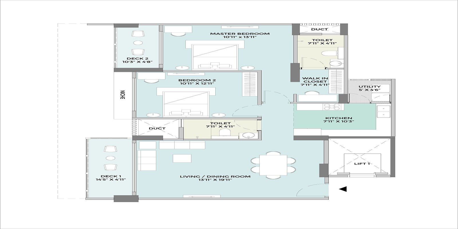 Floor plan of 2 BHK 1402 Sq. Ft. Apartment in Unicca Emporis, Bangalore