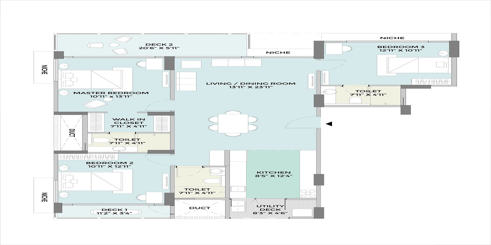 Floor plan of 3 BHK 1791 Sq. Ft. Apartment in Unicca Emporis, Bangalore
