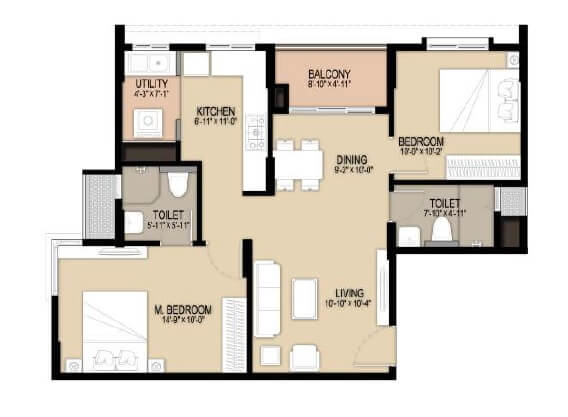 Floor plan of 2 BHK 1045 Sq. Ft. Apartment in Unicon North Brooks 46, Bangalore