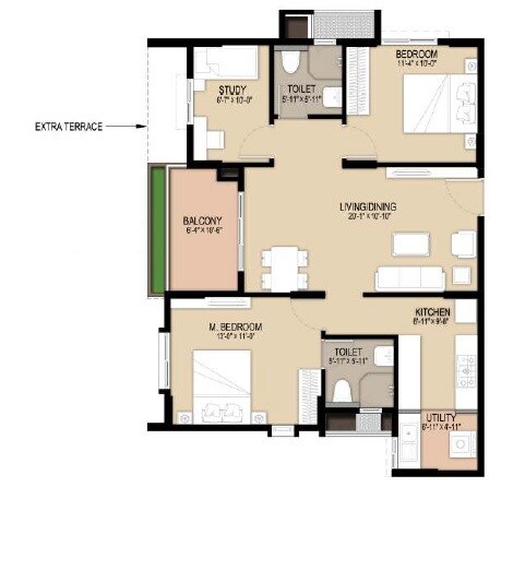 Floor plan of 2 BHK 1105 Sq. Ft. Apartment in Unicon North Brooks 46, Bangalore