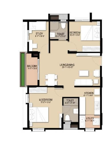 Floor plan of 2 BHK 1175 Sq. Ft. Apartment in Unicon North Brooks 46, Bangalore