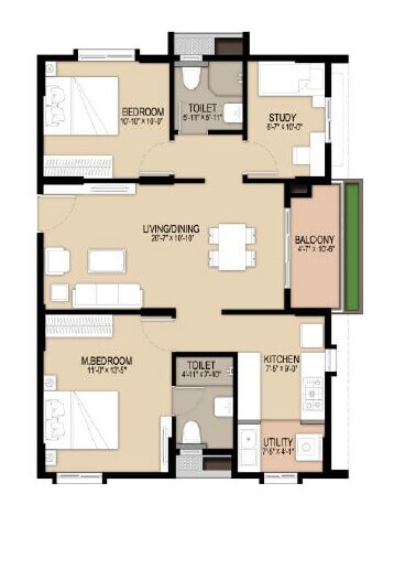 Floor plan of 2 BHK 1210 Sq. Ft. Apartment in Unicon North Brooks 46, Bangalore