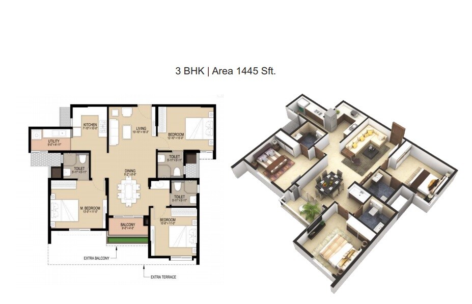 Floor plan of 3 BHK 1445 Sq. Ft. Apartment in Unicon North Brooks 46, Bangalore
