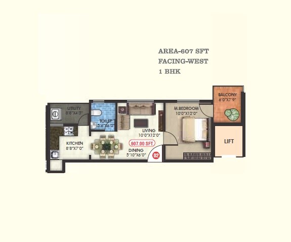 Floor plan of 1 BHK 607 Sq. Ft. Apartment in Uniidus Breeze, Bangalore