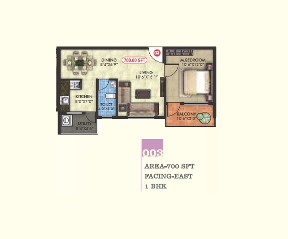 Floor plan of 1 BHK 700 Sq. Ft. Apartment in Uniidus Breeze, Bangalore
