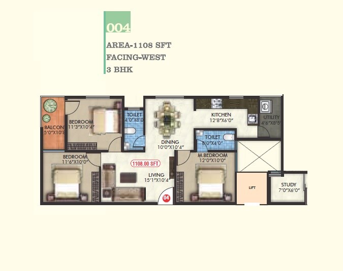 Floor plan of 3 BHK 1108 Sq. Ft. Apartment in Uniidus Breeze, Bangalore