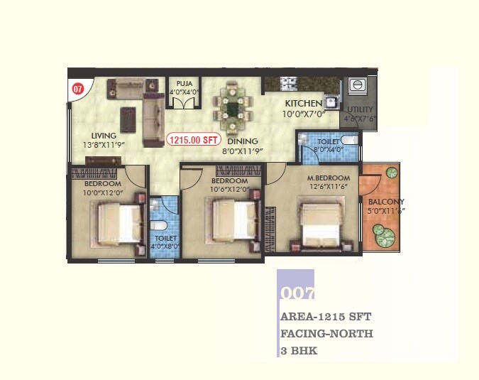 Floor plan of 3 BHK 1215 Sq. Ft. Apartment in Uniidus Breeze, Bangalore