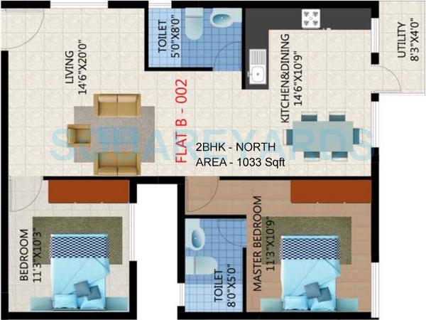 Floor plan of 2 BHK 1033 Sq. Ft. Apartment in Unique Infrastructure Eastern Breeze, Bangalore