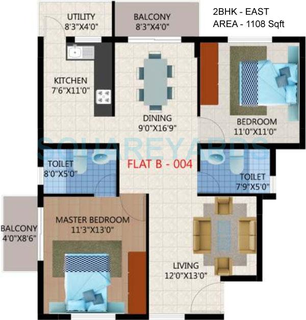 Floor plan of 2 BHK 1108 Sq. Ft. Apartment in Unique Infrastructure Eastern Breeze, Bangalore