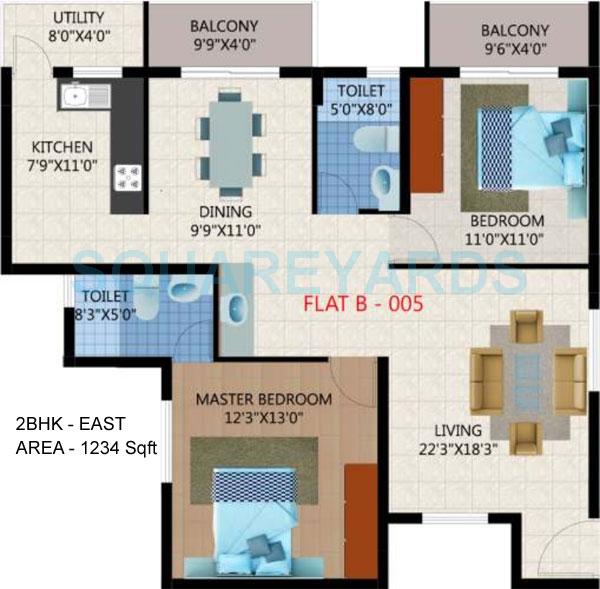 Floor plan of 2 BHK 1234 Sq. Ft. Apartment in Unique Infrastructure Eastern Breeze, Bangalore