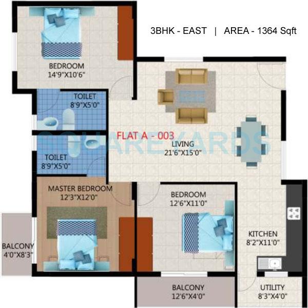 Floor plan of 3 BHK 1364 Sq. Ft. Apartment in Unique Infrastructure Eastern Breeze, Bangalore