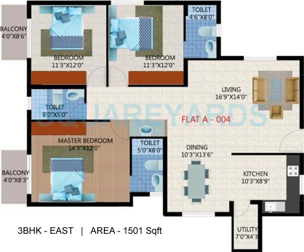 Floor plan of 3 BHK 1501 Sq. Ft. Apartment in Unique Infrastructure Eastern Breeze, Bangalore