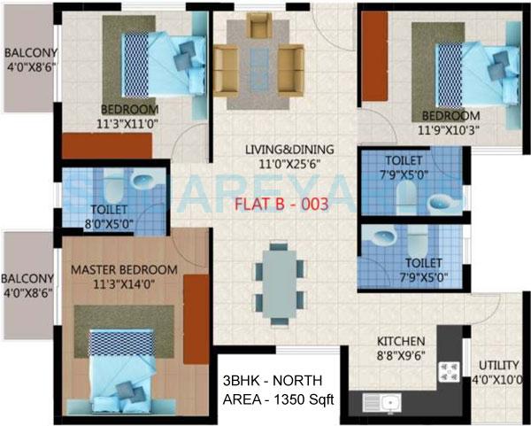 Floor plan of 3 BHK 1550 Sq. Ft. Apartment in Unique Infrastructure Eastern Breeze, Bangalore