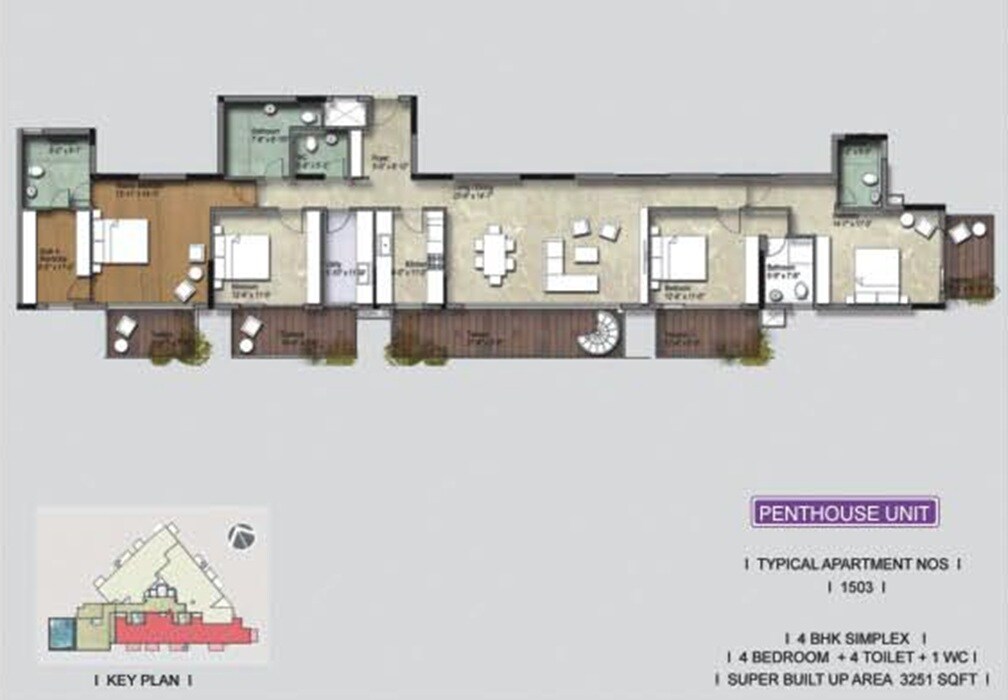 Floor plan of 4 BHK 3251 Sq. Ft. Penthouse in Unishire Belvedere Premia, Bangalore