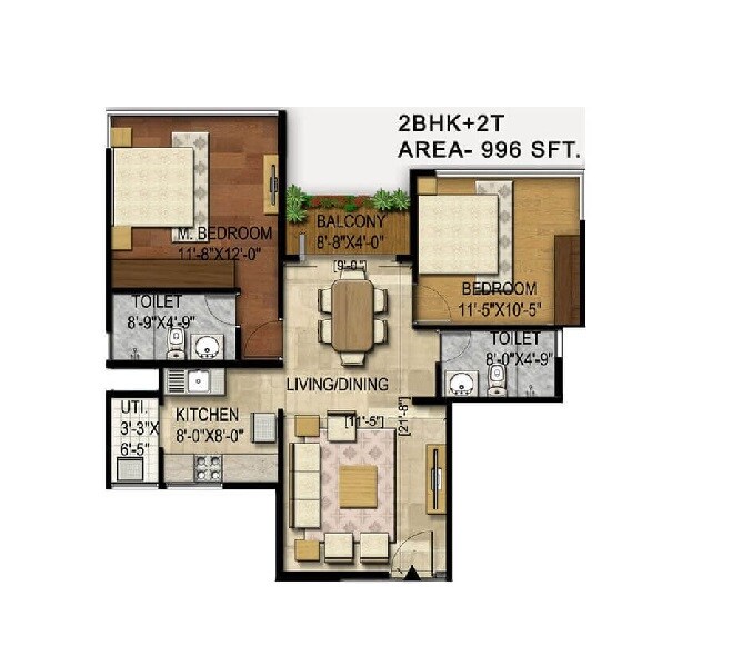 Floor plan of 2 BHK 996 Sq. Ft. Apartment in Unishire Indira Elan, Bangalore