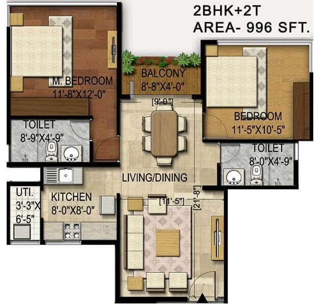 2 BHK 996 Sq. Ft. Apartment in Unishire Indira Elan