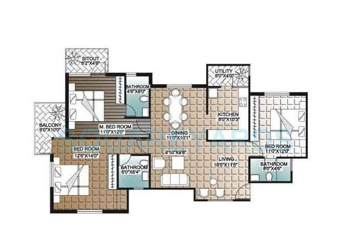 Floor plan of 3 BHK 1454 Sq. Ft. Apartment in Unishire Indira Elan, Bangalore