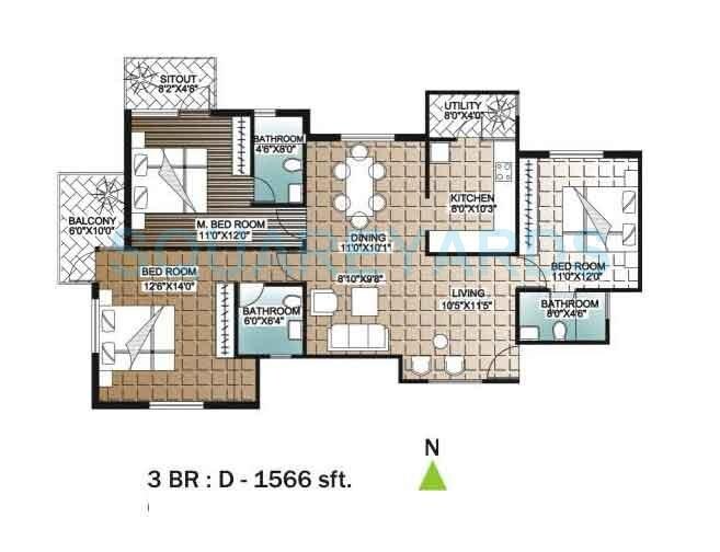 Floor plan of 3 BHK 1566 Sq. Ft. Apartment in Unishire Indira Elan, Bangalore