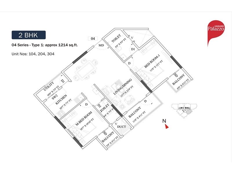 Floor plan of 2 BHK 1214 Sq. Ft. Apartment in Unishire Palazzo, Bangalore