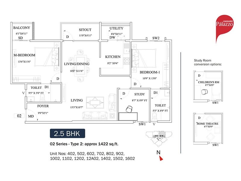 Floor plan of 2 BHK 1422 Sq. Ft. Apartment in Unishire Palazzo, Bangalore