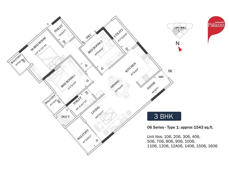 Floor plan of 3 BHK 1543 Sq. Ft. Apartment in Unishire Palazzo, Bangalore