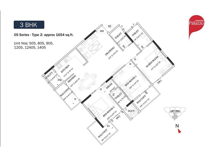Floor plan of 3 BHK 1654 Sq. Ft. Apartment in Unishire Palazzo, Bangalore