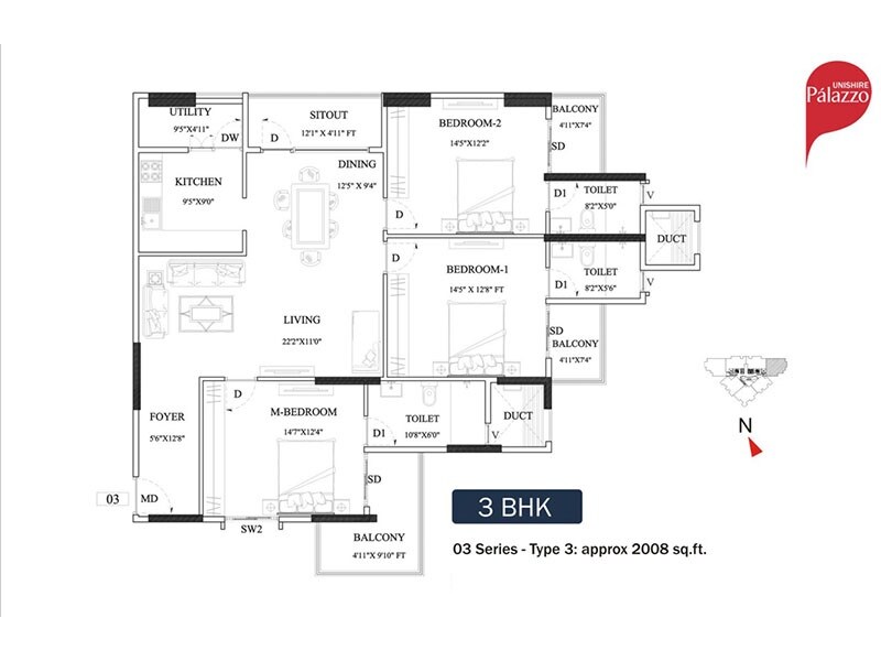 Floor plan of 3 BHK 2008 Sq. Ft. Apartment in Unishire Palazzo, Bangalore
