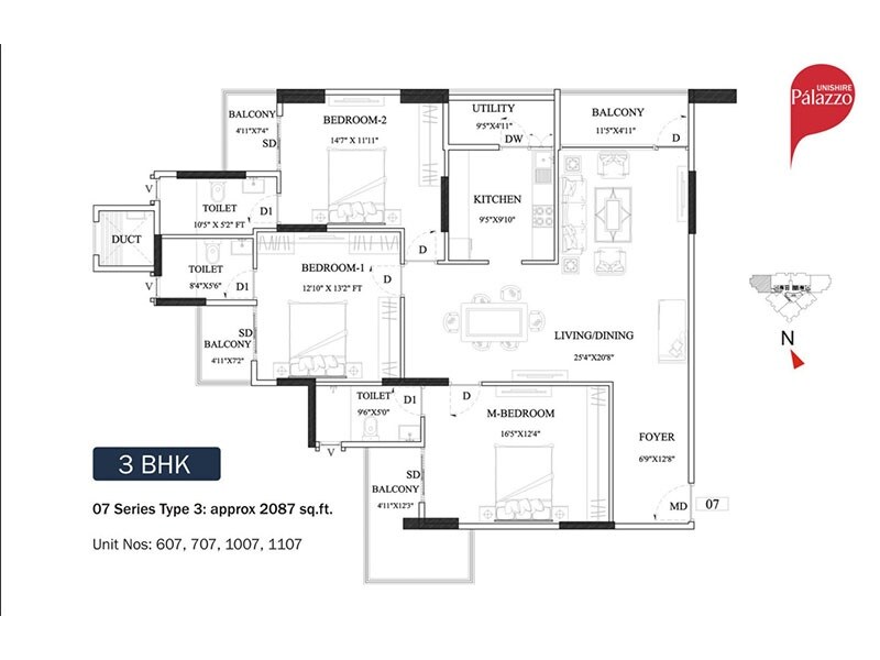 Floor plan of 3 BHK 2087 Sq. Ft. Apartment in Unishire Palazzo, Bangalore