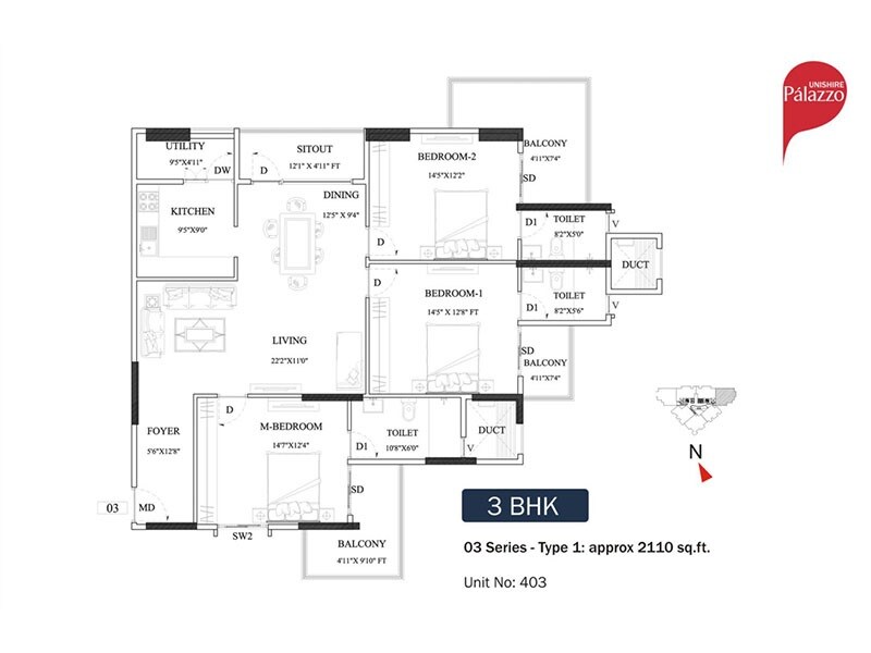 Floor plan of 3 BHK 2110 Sq. Ft. Apartment in Unishire Palazzo, Bangalore