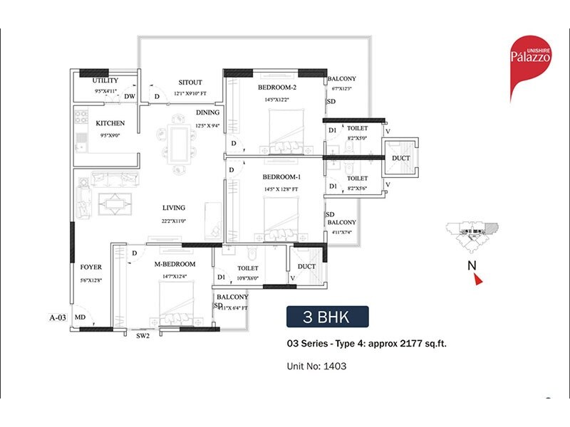 Floor plan of 3 BHK 2177 Sq. Ft. Apartment in Unishire Palazzo, Bangalore