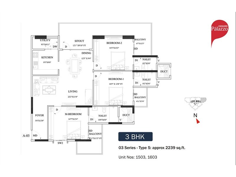 Floor plan of 3 BHK 2239 Sq. Ft. Apartment in Unishire Palazzo, Bangalore