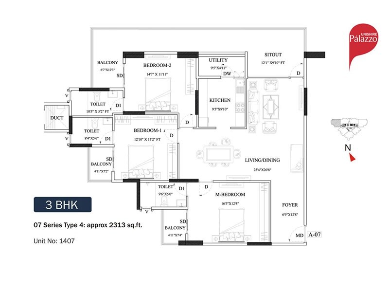 Floor plan of 3 BHK 2313 Sq. Ft. Apartment in Unishire Palazzo, Bangalore