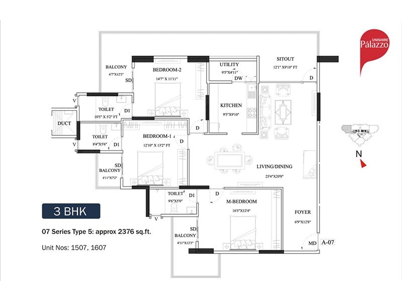 Floor plan of 3 BHK 2376 Sq. Ft. Apartment in Unishire Palazzo, Bangalore