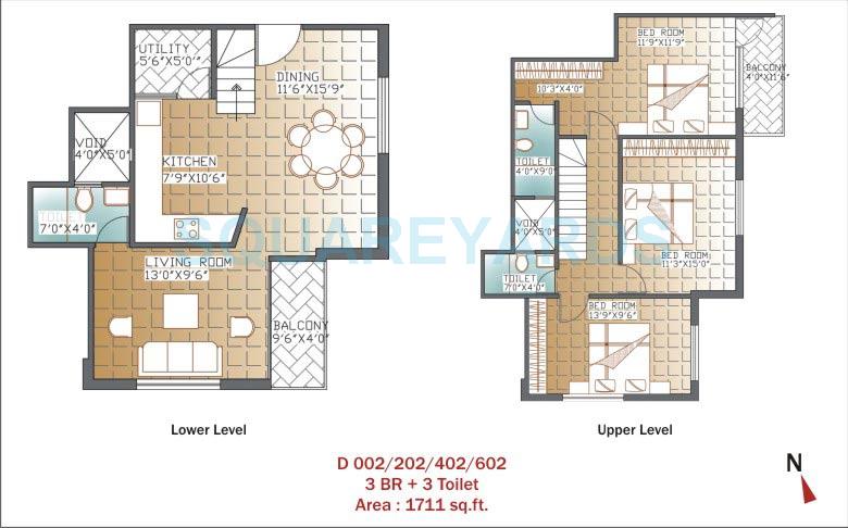 Floor plan of 3 BHK 1711 Sq. Ft. Apartment in Unishire Panamera, Bangalore