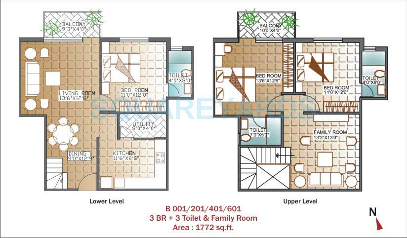 Floor plan of 3 BHK 1772 Sq. Ft. Apartment in Unishire Panamera, Bangalore