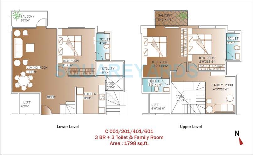 Floor plan of 3 BHK 1798 Sq. Ft. Apartment in Unishire Panamera, Bangalore