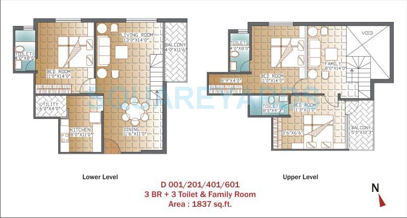 Floor plan of 3 BHK 1837 Sq. Ft. Apartment in Unishire Panamera, Bangalore