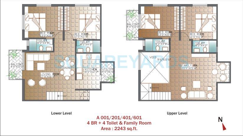Floor plan of 4 BHK 2243 Sq. Ft. Apartment in Unishire Panamera, Bangalore