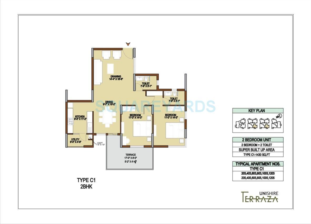 Floor plan of 2 BHK 1430 Sq. Ft. Apartment in Unishire Terraza, Bangalore