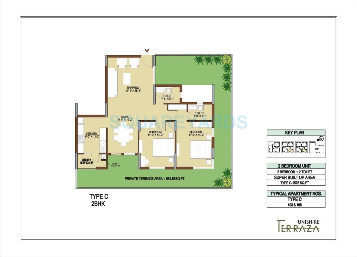 Floor plan of 2 BHK 1575 Sq. Ft. Apartment in Unishire Terraza, Bangalore