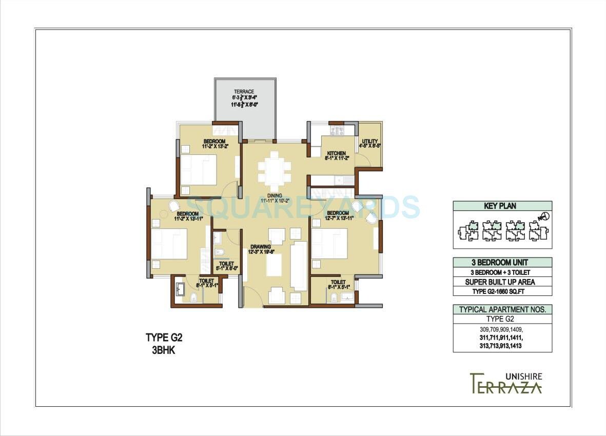Floor plan of 3 BHK 1660 Sq. Ft. Apartment in Unishire Terraza, Bangalore