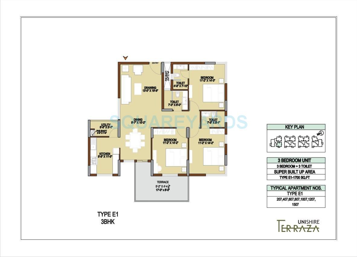 Floor plan of 3 BHK 1700 Sq. Ft. Apartment in Unishire Terraza, Bangalore